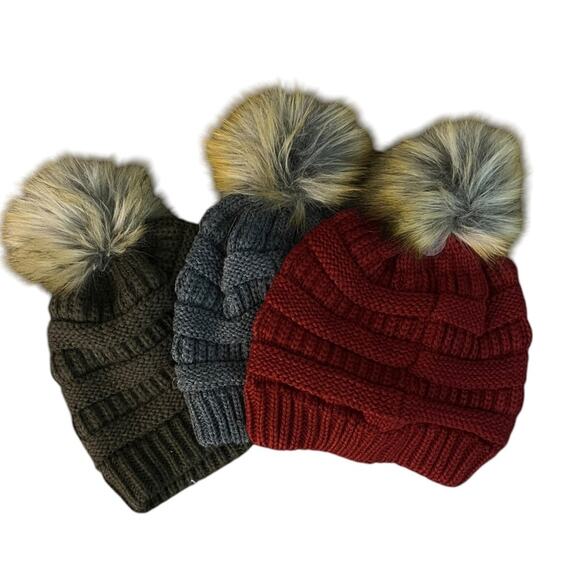 New! Three Adorable Beanies with Faux Fur Pom Poms - Picture 2 of 3